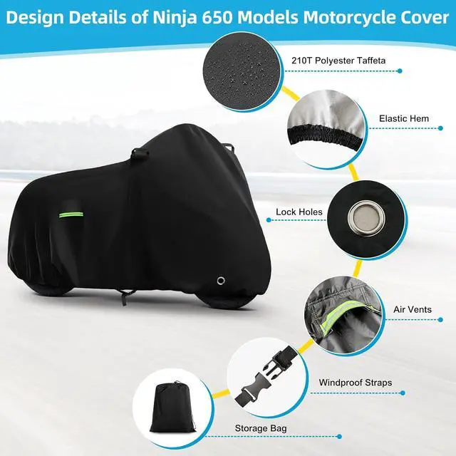 Alt view image 3 of 7 - Motorcycle Cover Waterproof for Kawasaki Ninja 250 300 400 500 650/BMW F 900R, Heavy Duty Outdoor Sun UV Rain Dust All Weather Protection Motorbike Cover with Soft Cotton Lining & Lock Hole-Black