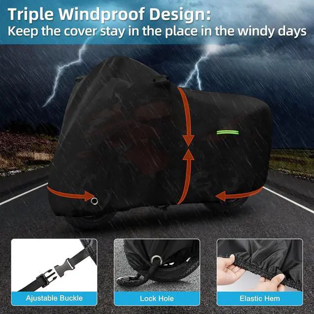 Alt view image 7 of 7 - Motorcycle Cover Waterproof for Kawasaki Ninja 250 300 400 500 650/BMW F 900R, Heavy Duty Outdoor Sun UV Rain Dust All Weather Protection Motorbike Cover with Soft Cotton Lining & Lock Hole-Black