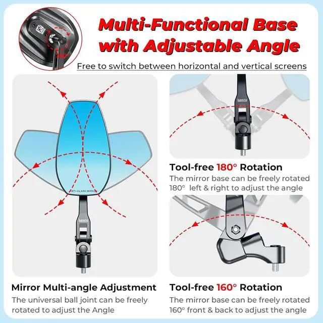 Alt view image 5 of 7 - Aluminum Alloy Rainproof Foldable Motorcycle Mirrors with M10 Bolts, CNC Machining HD Anti-Glare Blue Lenses Rear View Mirrors, Multi-Angle Adjustable for Motorcycle Cruiser ATV Moped Scooter