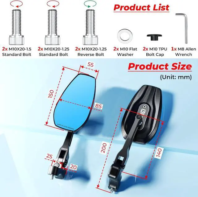 Alt view image 6 of 7 - Aluminum Alloy Rainproof Foldable Motorcycle Mirrors with M10 Bolts, CNC Machining HD Anti-Glare Blue Lenses Rear View Mirrors, Multi-Angle Adjustable for Motorcycle Cruiser ATV Moped Scooter