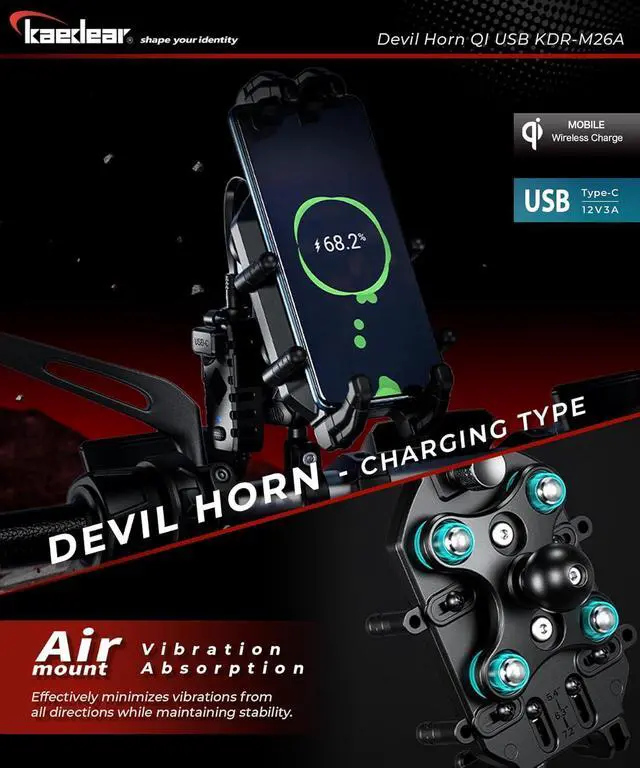 Alt view image 2 of 7 - Motorcycle Smartphone Holder, Charging, Vibration Absorption, Air Mount, Integrated QI, Wireless Charging, USB Power Supply, Devil Horn QI USB/Air Mount KDR-M26A (Qi Charging / 1" Ball)