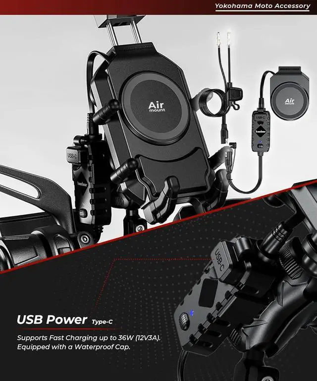 Alt view image 5 of 7 - Motorcycle Smartphone Holder, Charging, Vibration Absorption, Air Mount, Integrated QI, Wireless Charging, USB Power Supply, Devil Horn QI USB/Air Mount KDR-M26A (Qi Charging / 1" Ball)