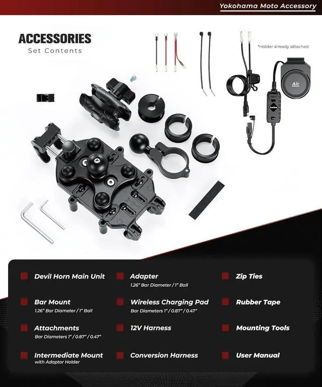 Alt view image 7 of 7 - Motorcycle Smartphone Holder, Charging, Vibration Absorption, Air Mount, Integrated QI, Wireless Charging, USB Power Supply, Devil Horn QI USB/Air Mount KDR-M26A (Qi Charging / 1" Ball)