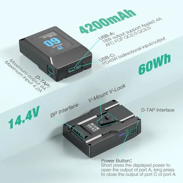 Alt view image 2 of 7 - V Mount Battery 60Wh for Camera Camcorder Monitor Video Light