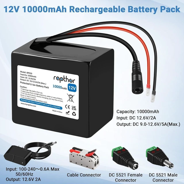 Alt view image 2 of 7 - 12V 10Ah Rechargeable Lithium Battery Pack with 12.6V 2A Charger