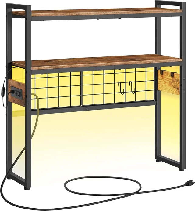 Main image of Desktop Bookcase, 2-Tier Desktop Organizer, 29.9" Wooden Office Storage Rack with Outlets, Display Shelf Rack with Light Strip, Desk Hutch for Office, Rustic Brown BF11UDSJ01