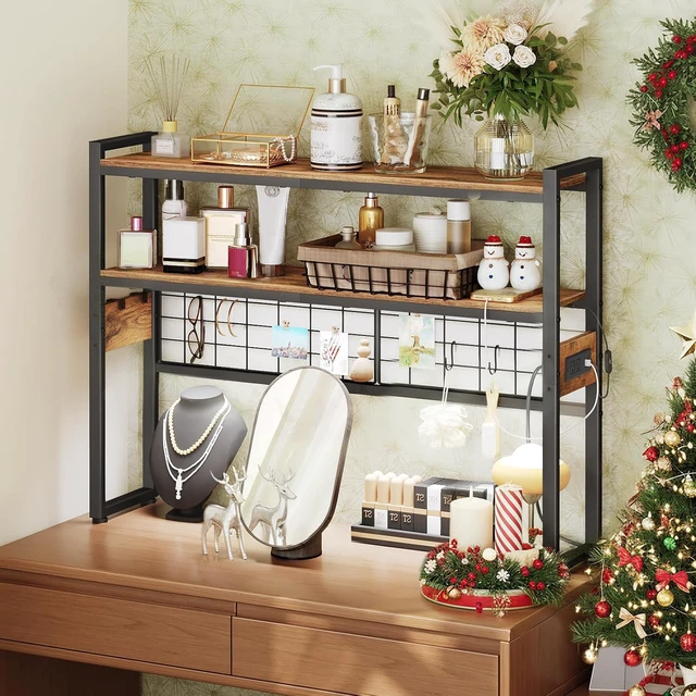 Alt view image 4 of 7 - Desktop Bookcase, 2-Tier Desktop Organizer, 29.9" Wooden Office Storage Rack with Outlets, Display Shelf Rack with Light Strip, Desk Hutch for Office, Rustic Brown BF11UDSJ01