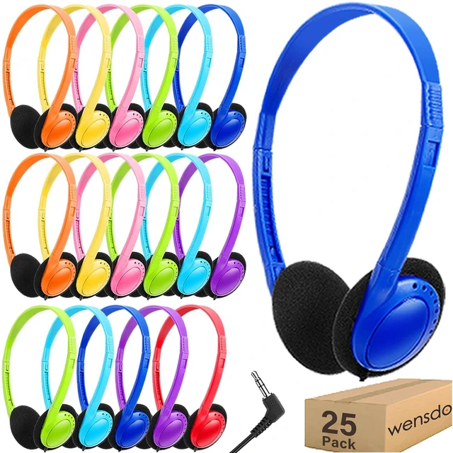 Main image of Wensdo Bulk Headphones 25 Pack for Classroom School Kids, Wholesale Wired Adjustable Earphones Class Set for Children Toddler Teens Boys Girls and Adult 3.5mm Jack Multi Color (HY103,25 Mixed)