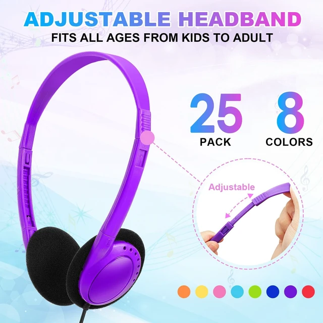 Alt view image 2 of 5 - Wensdo Bulk Headphones 25 Pack for Classroom School Kids, Wholesale Wired Adjustable Earphones Class Set for Children Toddler Teens Boys Girls and Adult 3.5mm Jack Multi Color (HY103,25 Mixed)