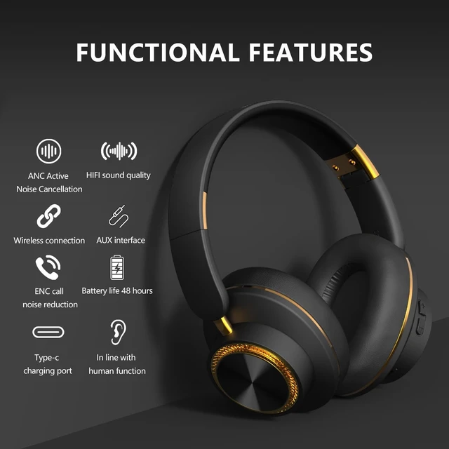 Alt view image 5 of 5 - KUUCAT H8 BT 5.4 ANC Noise Cancelling Over-Ear Wireless Headphones (Black)