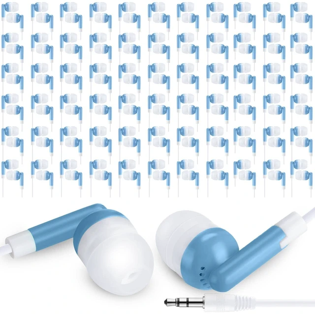 Main image of Yunsailing 100 Pack Earbuds Bulk for Classroom Basic Headphones Pack Individually Bagged 3.5 mm Earphones with Wire for Students Adult Schools Hospitals Hotels Library Museums MP3 Gift(Blue)