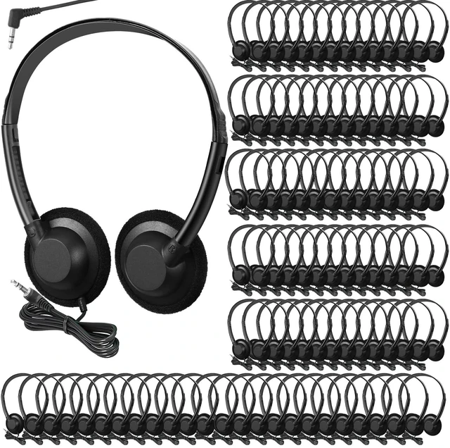 Main image of Flutesan 100 Pieces Classroom School Headphones Bulk on Ear Headphone with 3.5mm Headphone Plug in Adjustable Disposable for Kids Adults Student Noise Stereo Sound Library No Microphone