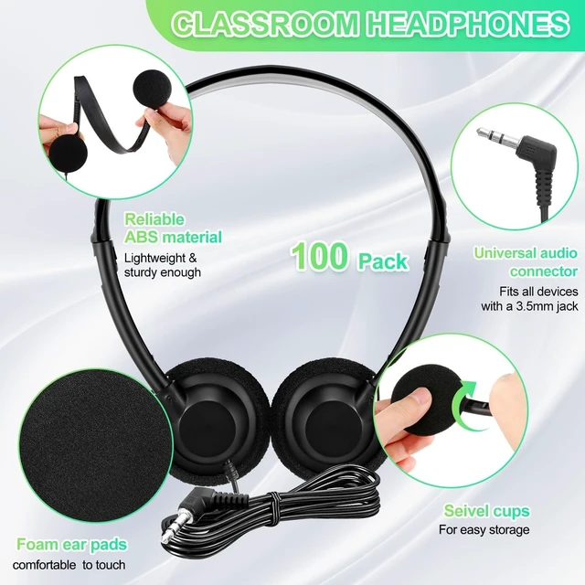 Alt view image 2 of 5 - Flutesan 100 Pieces Classroom School Headphones Bulk on Ear Headphone with 3.5mm Headphone Plug in Adjustable Disposable for Kids Adults Student Noise Stereo Sound Library No Microphone