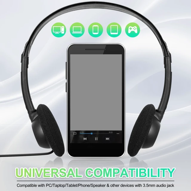 Alt view image 4 of 5 - Flutesan 100 Pieces Classroom School Headphones Bulk on Ear Headphone with 3.5mm Headphone Plug in Adjustable Disposable for Kids Adults Student Noise Stereo Sound Library No Microphone