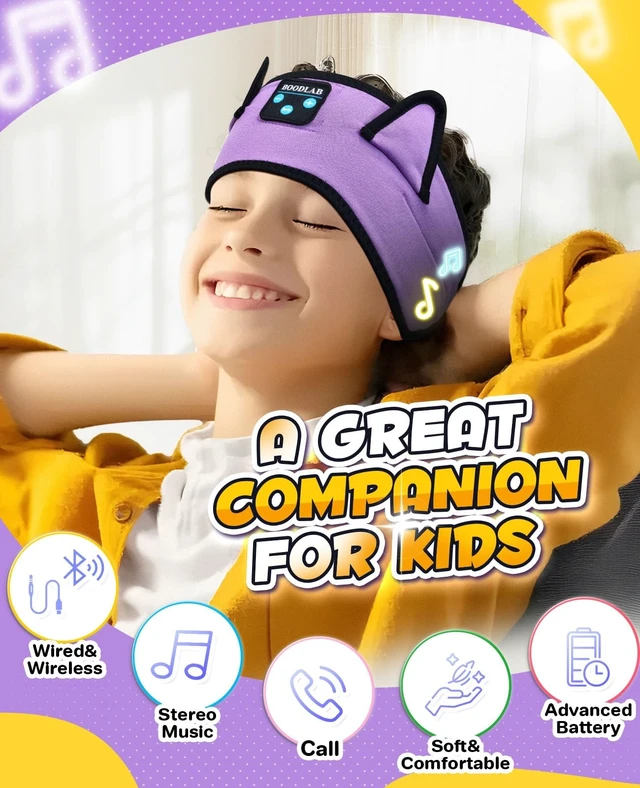 Alt view image 4 of 5 - Boodlab Kids Headphones Headband Wireless, Kids Bluetooth Headband, Baby Headphones with Thin Speakers & Wired Playback 3.5 MM Jack, Perfect Toddlers & Children's Earphones for Home, School & T