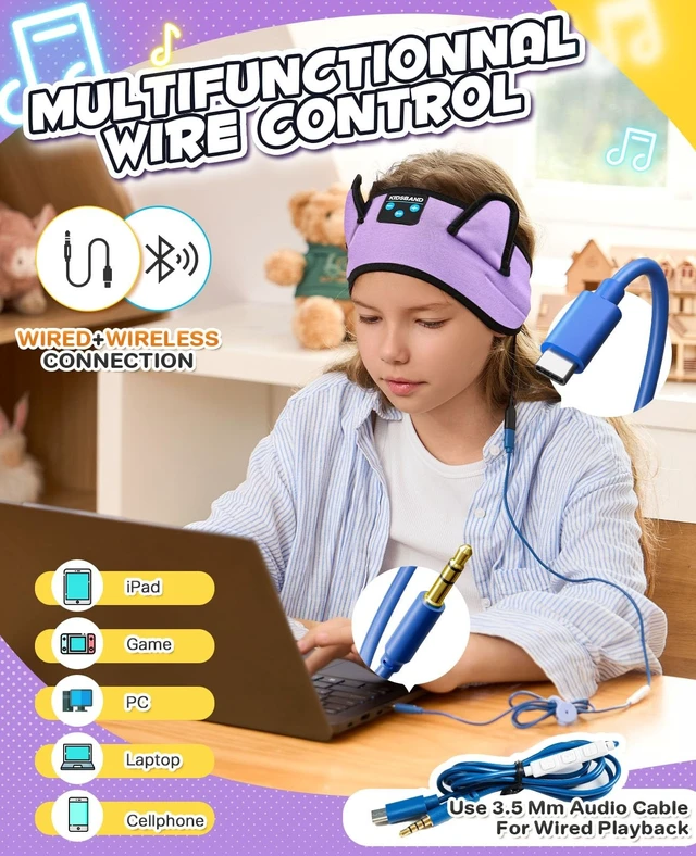 Alt view image 5 of 5 - Boodlab Kids Headphones Headband Wireless, Kids Bluetooth Headband, Baby Headphones with Thin Speakers & Wired Playback 3.5 MM Jack, Perfect Toddlers & Children's Earphones for Home, School & T