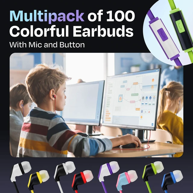 Alt view image 3 of 5 - JustJamz 100x Multipack ^^ Bulk Earbuds with Microphone, for Schools, Classroom, Libraries, Museums, etc., Wired in-Ear Earphones with Mic for Kids, Teenagers & Adults, Affordable Bulk Headphones