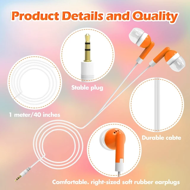 Alt view image 2 of 5 - CN-Outlet Wholesale Bulk Eearbuds Headphones 100 Pack for Kids,Classroom,Labs,Students and Adults(Orange)