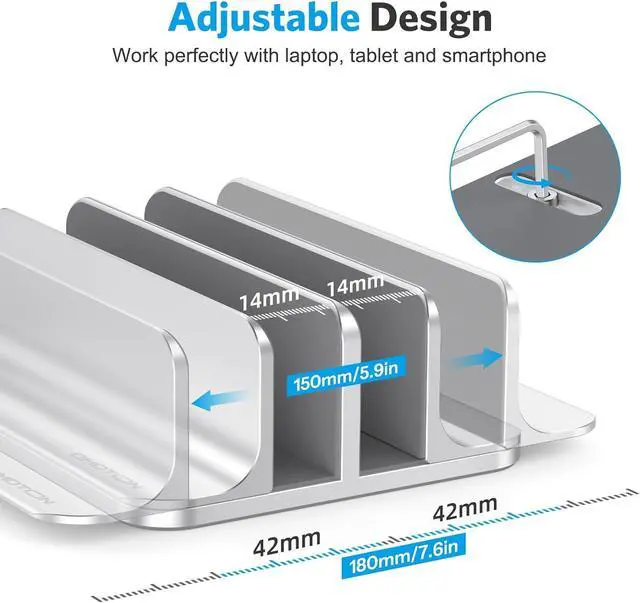 Alt view image 4 of 7 - OMOTON [Updated Dock Version] Vertical Laptop Stand, Double Desktop Stand Holder with Adjustable Dock (Up to 17.3 inch), Fits All MacBok/Surface/Samsung/HP/Dell/Chrome Book (Silver)