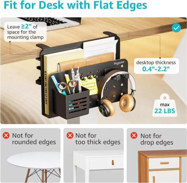 Alt view image 3 of 7 - Desk Side Storage Organizer, No Drill Under Desk Laptop Holder, Clamp on Desks Shelf with Pegboard Accessories, Hanging Laptop Mount, Fits Flat Edge 0.4" to 2.2", Black