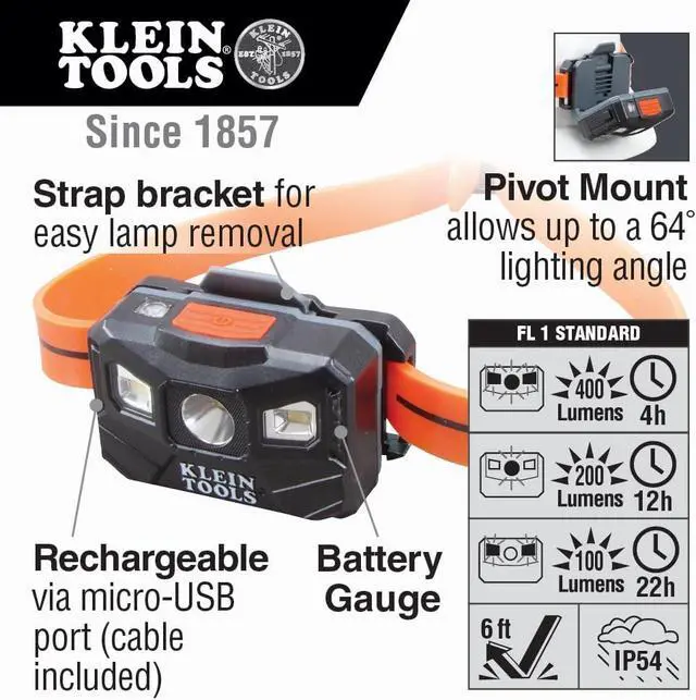 Alt view image 2 of 7 - Klein Tools 56064 Rechargeable Auto-Off LED Headlamp, Silicone Strap, 400 lms, All-Day Runtime, for Work, Running, Outdoor Hiking, Camping