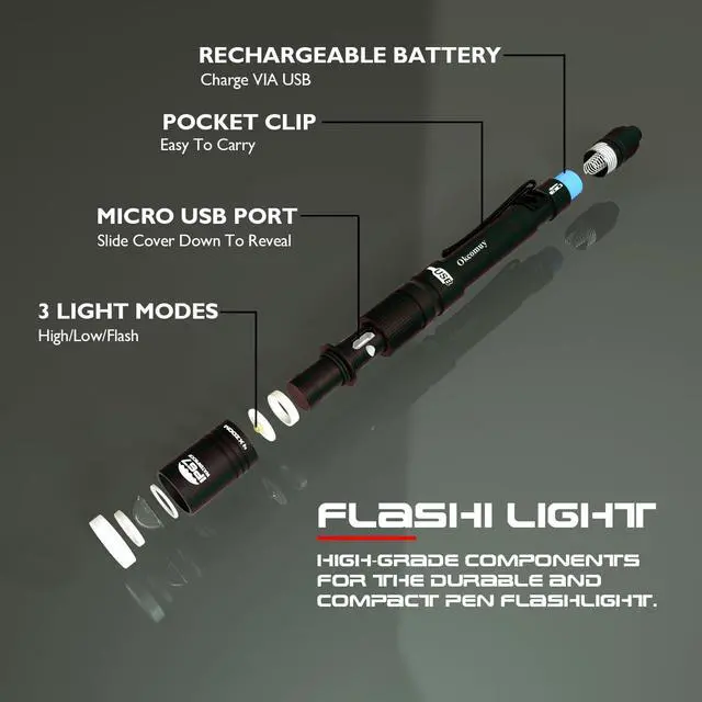 Alt view image 3 of 7 - okcomuy Rechargeable LED Pen Light Flashlight,300 Lumens IP67 Waterproof with Pocket Clip 4-Zoomable| 3 Modes, Prefect Pocket Small Flashlight for Inspection,Work,Repair,Camping