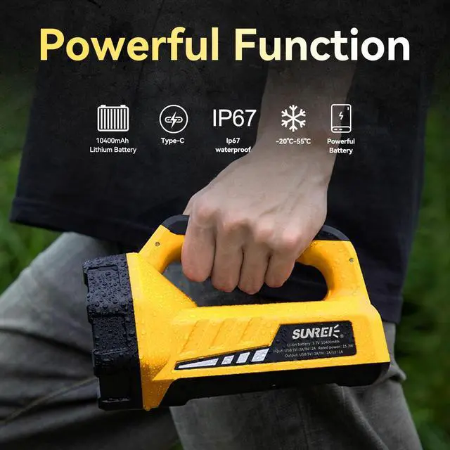 Alt view image 7 of 7 - SUNREI Rechargeable LED 1200LM Flashlight, 8 Light Modes Portable Camping Lantern, 10400mAh Power Bank, IP67 Waterproof for Emergencies Power Outages, Hurricane Emergency, Hiking, Home, etc