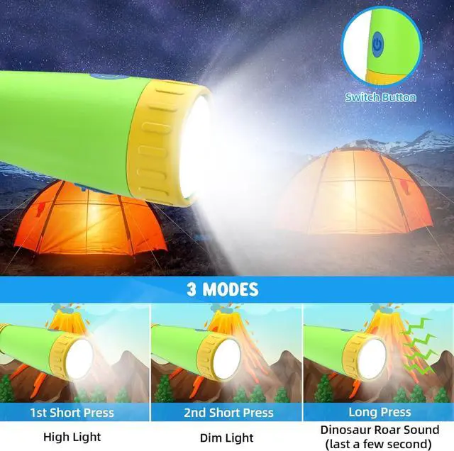 Alt view image 2 of 7 - COSOOS Rechargeable Dinosaur Flashlight for Kids, Roar Mode, Kids Flashlight Toys, Outdoor Camping Gear Accessories, Birthday Gift Easter Basket Stuffers for Kids 3 4 5 6 7 8 9 10 Years Boys Girls
