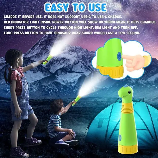 Alt view image 3 of 7 - COSOOS Rechargeable Dinosaur Flashlight for Kids, Roar Mode, Kids Flashlight Toys, Outdoor Camping Gear Accessories, Birthday Gift Easter Basket Stuffers for Kids 3 4 5 6 7 8 9 10 Years Boys Girls