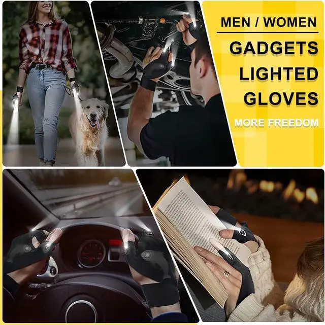 Alt view image 6 of 6 - LED Rechargeable Flashlight Gloves, Gifts for Men, for Dad, Cool Stretchy Fingerless Light Gloves Gadget for Repairing Fishing Camping and Car Repairing, 1 Pair