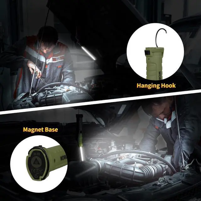 Alt view image 4 of 7 - Suranew LED Worklight Flashlight, COB Rechargeable Work Lights with Magnetic Base 360 Degree Rotate and 5 Modes Portable Flood Light Inspection Construction Light for Car Repair (Army Green, 2 Pack)