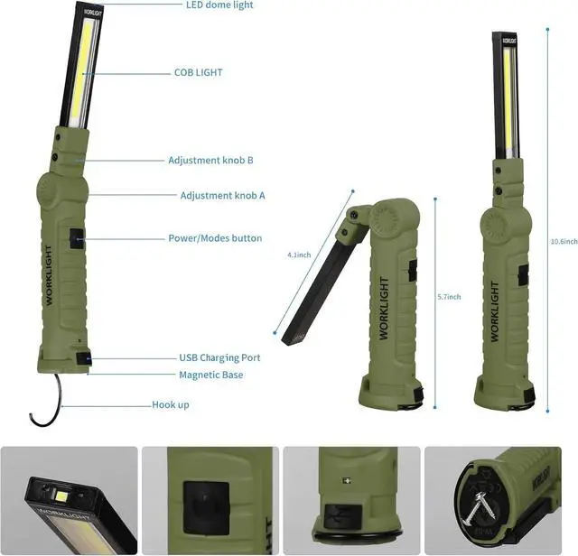 Alt view image 5 of 7 - Suranew LED Worklight Flashlight, COB Rechargeable Work Lights with Magnetic Base 360 Degree Rotate and 5 Modes Portable Flood Light Inspection Construction Light for Car Repair (Army Green, 2 Pack)