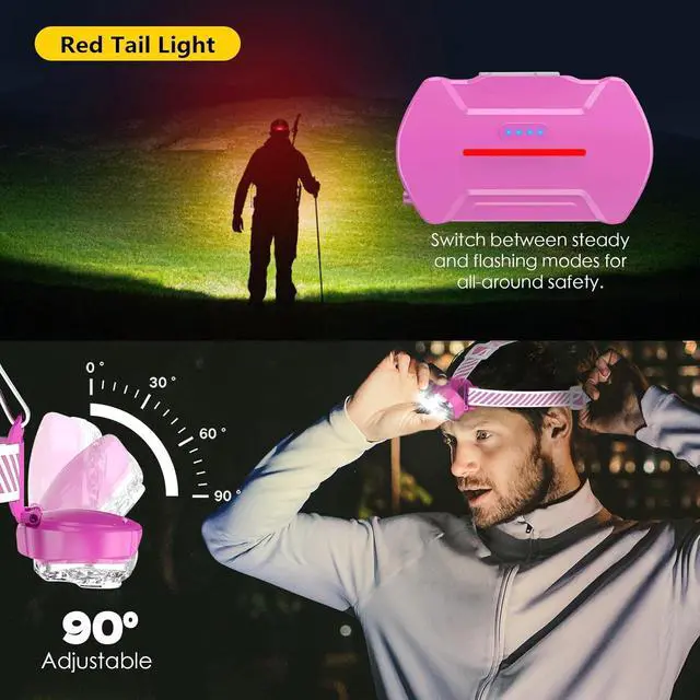 Alt view image 5 of 6 - Rechargeable Headlamp, High Lumen Bright 5 LED Head Lamp with Red White Light,IPX4 Waterproof Headlight,8 Mode Head Flashlight for Outdoor Running Hunting Fishing Hiking Camping Gear-Pink