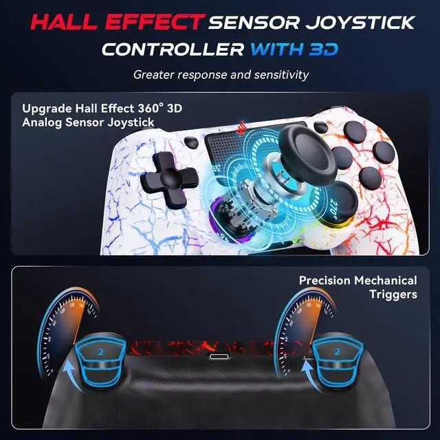 Alt view image 3 of 7 - GamingBoy Light-up Wireless Controller for PS4/PC, 2 Pack White Crack Design Remote Control for Ps4 with RGB Light,Hall Effect Joystick,1000mAh Battery,Vibration,6-Axis Sensor,Audio Jack,Type-C Port