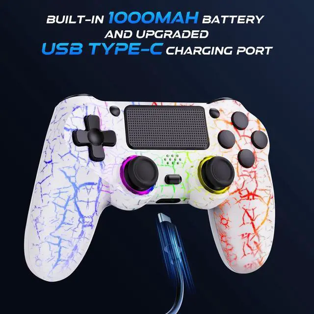 Alt view image 6 of 7 - GamingBoy Light-up Wireless Controller for PS4/PC, 2 Pack White Crack Design Remote Control for Ps4 with RGB Light,Hall Effect Joystick,1000mAh Battery,Vibration,6-Axis Sensor,Audio Jack,Type-C Port