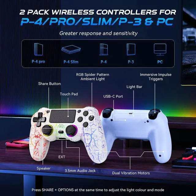 Alt view image 5 of 7 - GamingBoy Light-up Wireless Controller for PS4/PC, 2 Pack White Crack Design Remote Control for Ps4 with RGB Light,Hall Effect Joystick,1000mAh Battery,Vibration,6-Axis Sensor,Audio Jack,Type-C Port