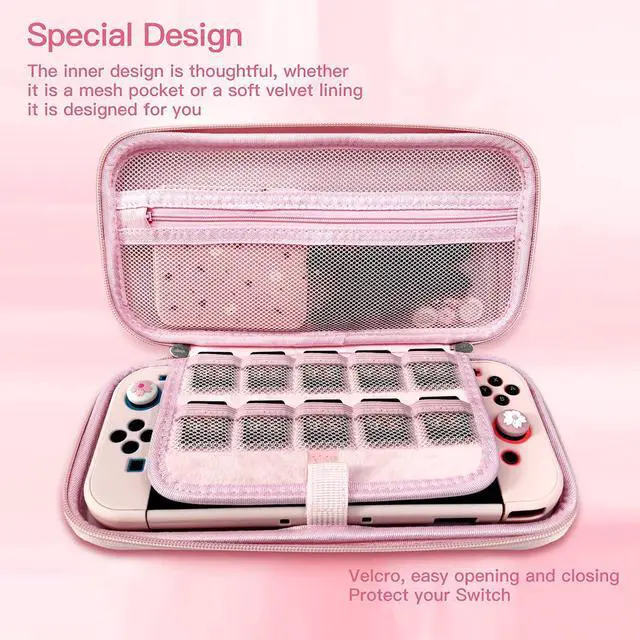 Alt view image 4 of 7 - Pink Travel Carrying Case Accessories Kit Compatible with Nintendo Switch OLED.Pink Switch OLED Hard Protective Cover,Adjustable Stand,Screen Protector & Cute Thumb Grips 10 in 1 Gift.