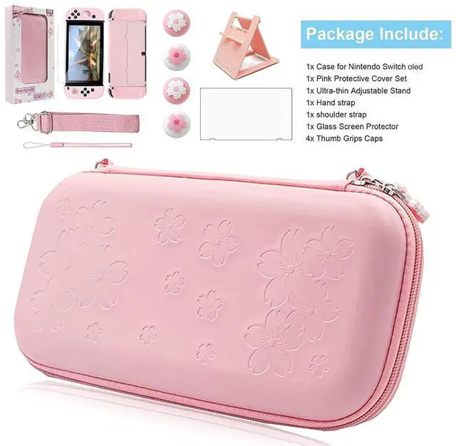 Alt view image 7 of 7 - Pink Travel Carrying Case Accessories Kit Compatible with Nintendo Switch OLED.Pink Switch OLED Hard Protective Cover,Adjustable Stand,Screen Protector & Cute Thumb Grips 10 in 1 Gift.