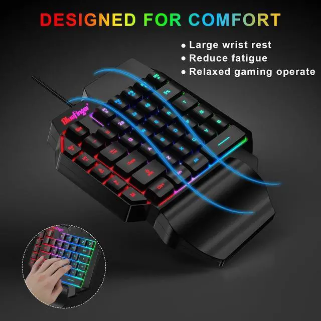 Alt view image 4 of 7 - One Hand RGB Gaming Keyboard,USB Wired Rainbow Letters Glow Single Hand Keyboard with Wrist Rest Support Multimedia Keys, Backlit Ergonomic Mechanical Feeling Keyboard for Game