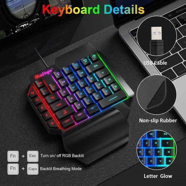 Alt view image 5 of 7 - One Hand RGB Gaming Keyboard,USB Wired Rainbow Letters Glow Single Hand Keyboard with Wrist Rest Support Multimedia Keys, Backlit Ergonomic Mechanical Feeling Keyboard for Game