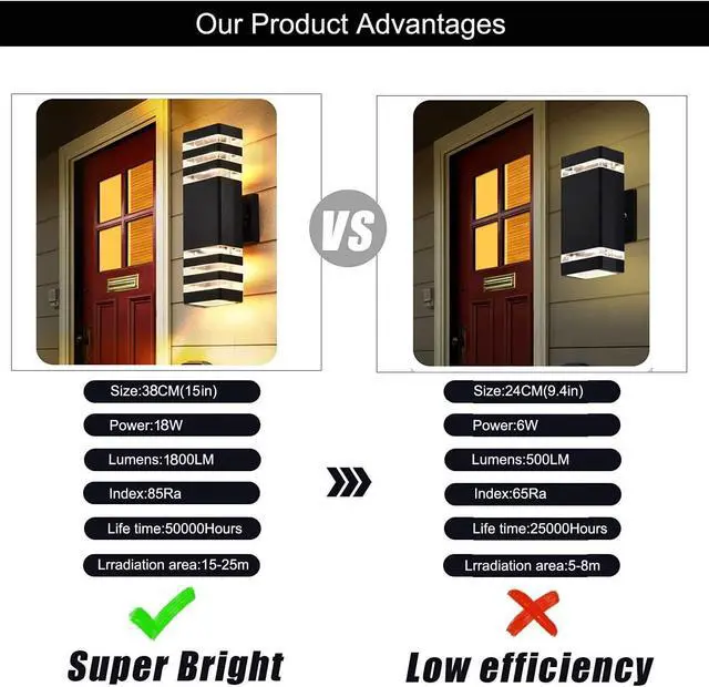 Alt view image 4 of 7 - 6Pack 15inch LED Up and Down Wall Lights,18W Outdoor Wall Light Aluminum Body 4000K Day White Waterproof IP65 Outside Wall Lights 1800LM Outdoor Wall Mount Lights