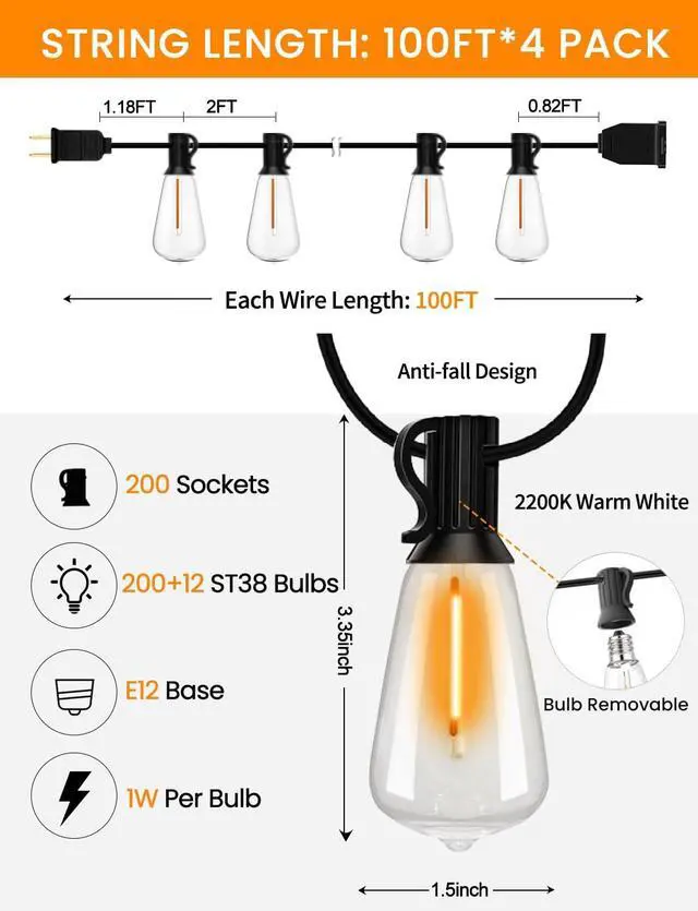 Alt view image 2 of 7 - LED Outdoor String Lights 400ft Shatterproof Patio Lights with 212 Waterproof ST38 Vintage Bulbs(12 Spare), Dimmable Outside Hanging String Lights for Backyard Porch Balcony Party, Warm White