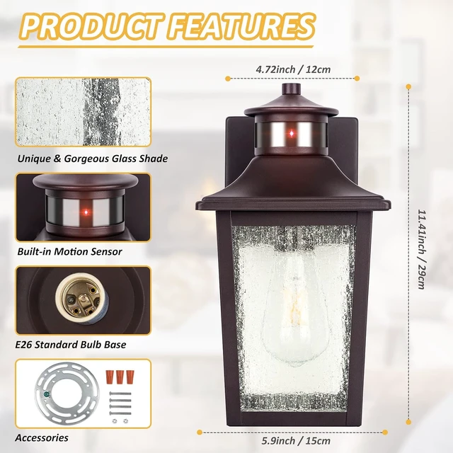 Alt view image 4 of 7 - Oil Rubbed Bronze Motion Sensor Outdoor Lights 2 Packs - Waterproof Dusk to Dawn Outdoor Lighting, Brown Exterior Garage Light Fixture, Porch Light Outside Wall Mount for House, Front Door, Anti-Rust