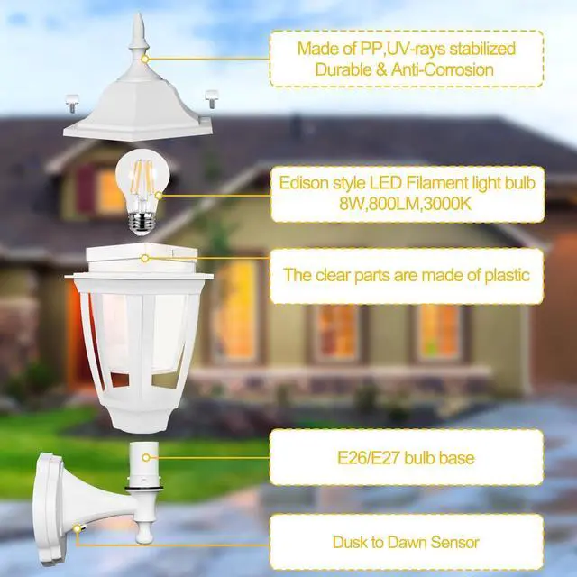 Alt view image 3 of 7 - FUDESY Outdoor Wall Light Dusk to Dawn, Porch Sensor Light White Plastic Anti-Corrosion with LED Edison Filament Bulb, Exterior Mount Lantern for House, Garage (2-Pack)