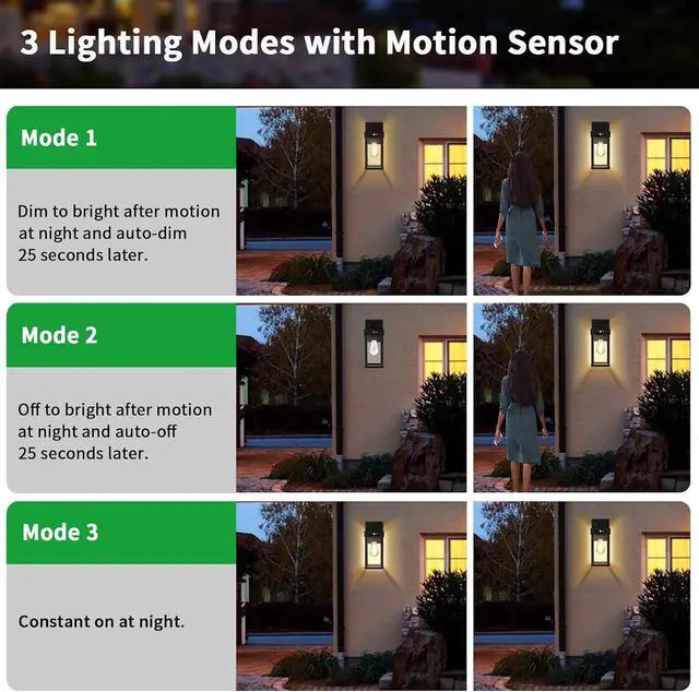 Alt view image 2 of 7 - 2 Pack Outdoor Solar Wall Light Fixtures With Dusk To Dawn Sensor,Large Size Black Outdoor Wall Lights with 3Lighting Modes,Exterior Waterproof Solar Wall Sconce Light for Outside,Garage(Black-2P)