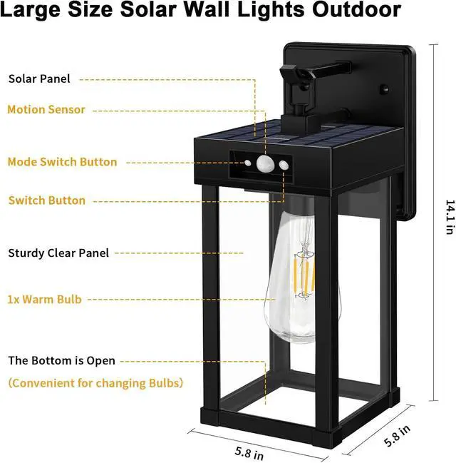 Alt view image 6 of 7 - 2 Pack Outdoor Solar Wall Light Fixtures With Dusk To Dawn Sensor,Large Size Black Outdoor Wall Lights with 3Lighting Modes,Exterior Waterproof Solar Wall Sconce Light for Outside,Garage(Black-2P)