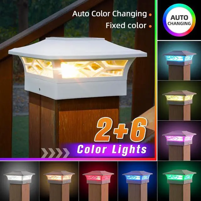 Alt view image 5 of 7 - APONUO Solar Post Cap Lights with 8 RGB Colors and Multicolor Flow, Ultra-Bright Clear Lens, IP65 Waterproof for 4x4 5x5 6x6 Wood & Vinyl Fence Posts, 8 Pack White