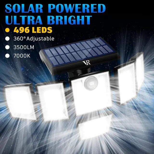Alt view image 2 of 7 - Solar Motion Sensor Flood Lights Outdoor - 496LEDs 3500LM 3 Lighting Modes 3 Levels Brightness, 6 Heads 360° Illumination, IP65 Solar Security Lights,for Porch Yard Patio Garage(2 Packs)