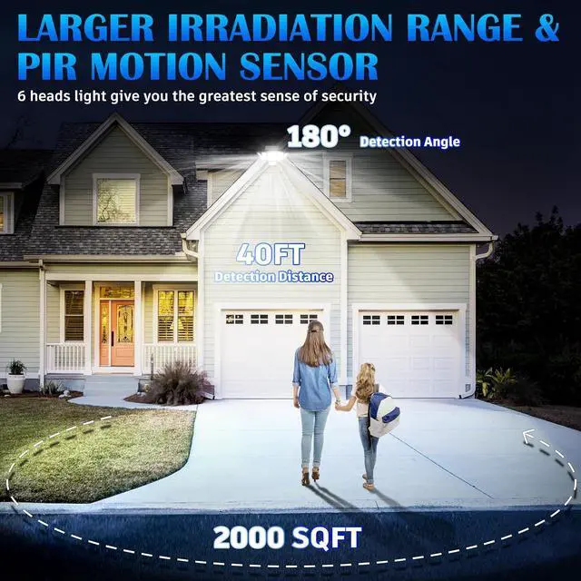 Alt view image 3 of 7 - Solar Motion Sensor Flood Lights Outdoor - 496LEDs 3500LM 3 Lighting Modes 3 Levels Brightness, 6 Heads 360° Illumination, IP65 Solar Security Lights,for Porch Yard Patio Garage(2 Packs)