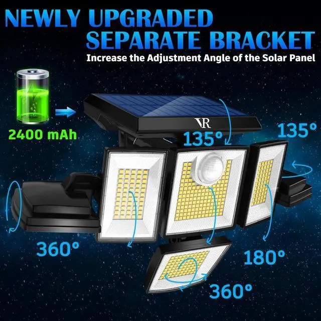 Alt view image 6 of 7 - Solar Motion Sensor Flood Lights Outdoor - 496LEDs 3500LM 3 Lighting Modes 3 Levels Brightness, 6 Heads 360° Illumination, IP65 Solar Security Lights,for Porch Yard Patio Garage(2 Packs)